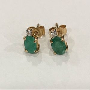 Oval Emerald & Diamond Stud Earrings, 14 KaratGold